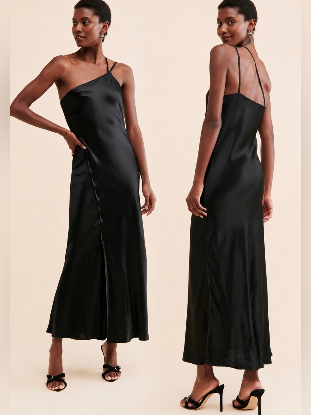 BL-NK Anthropologie Egyness Black Satin Asymmetrical Slip Maxi Dress 12
